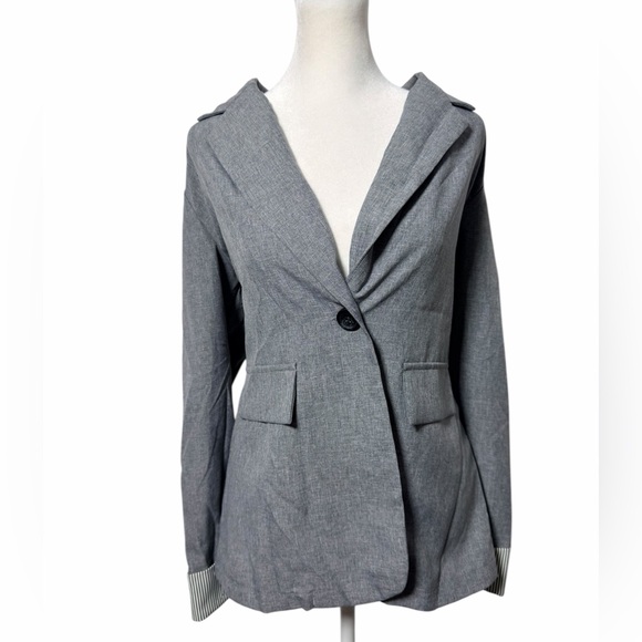 SHEIN LUNE Gray Single Button Blazer Striped Cuff Detail XL - Picture 2 of 6